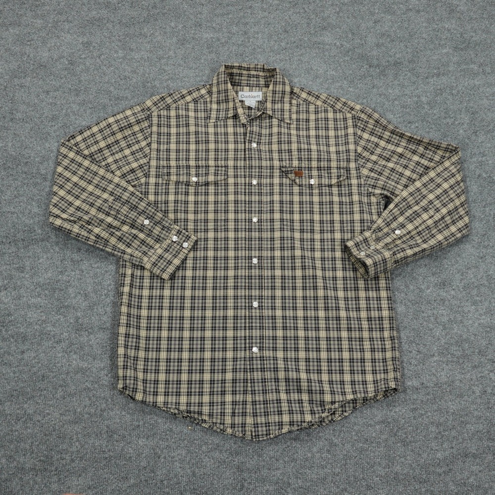 Carhartt Shirt Mens Small Tan Black Plaid Pearl Snap Western Long Sleeve Cotton